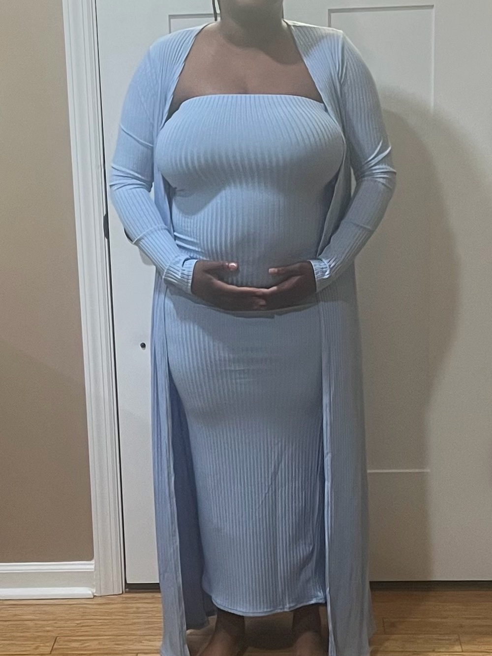 Maternity Baby Blue Ribbed Long Cardigan Duster & Strapless Dress Set